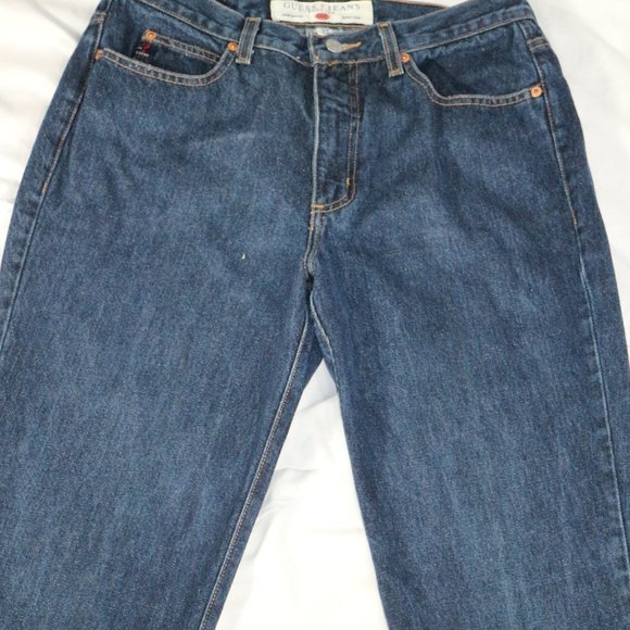 GUESS JEANS Bootleg Cut Dark Wash Blue Denim Jeans Sz 32 Men - Picture 1 of 13